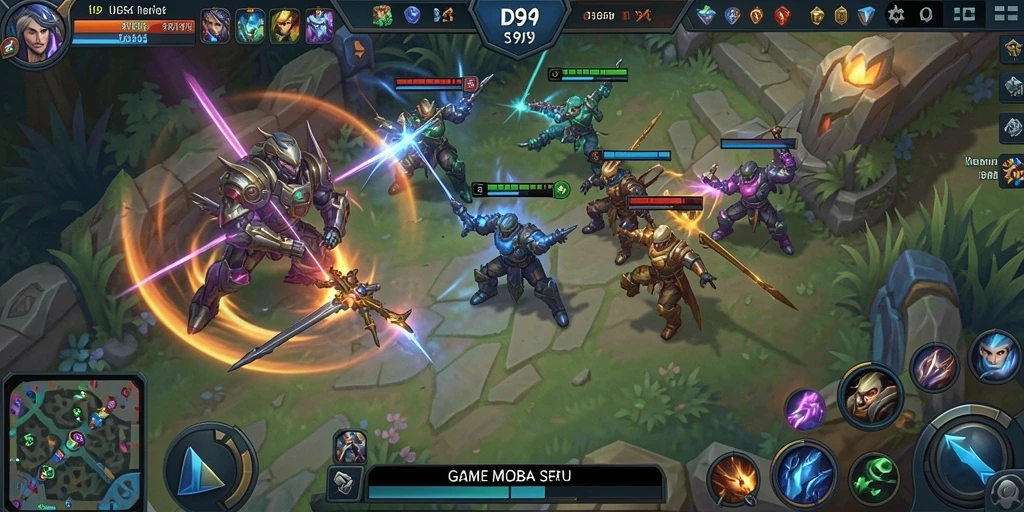 Screenshot utama DS99 menampilkan aksi seru dalam pertempuran MOBA.