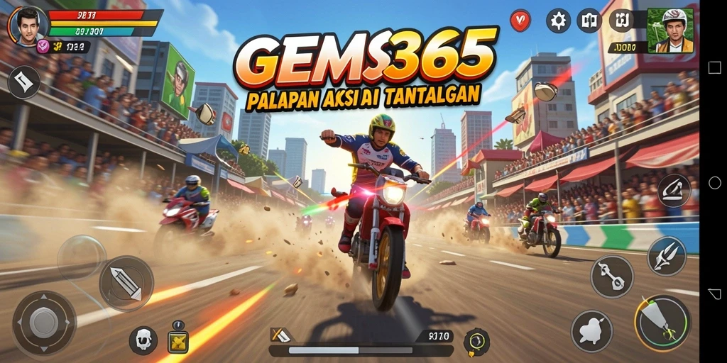 Tampilan gameplay GEMS365 dengan balapan yang menegangkan di trek berliku.
