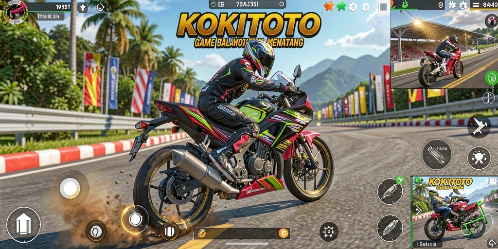 Screenshot gameplay KOKITOTO menampilkan balapan motor yang seru di trek yang menantang.