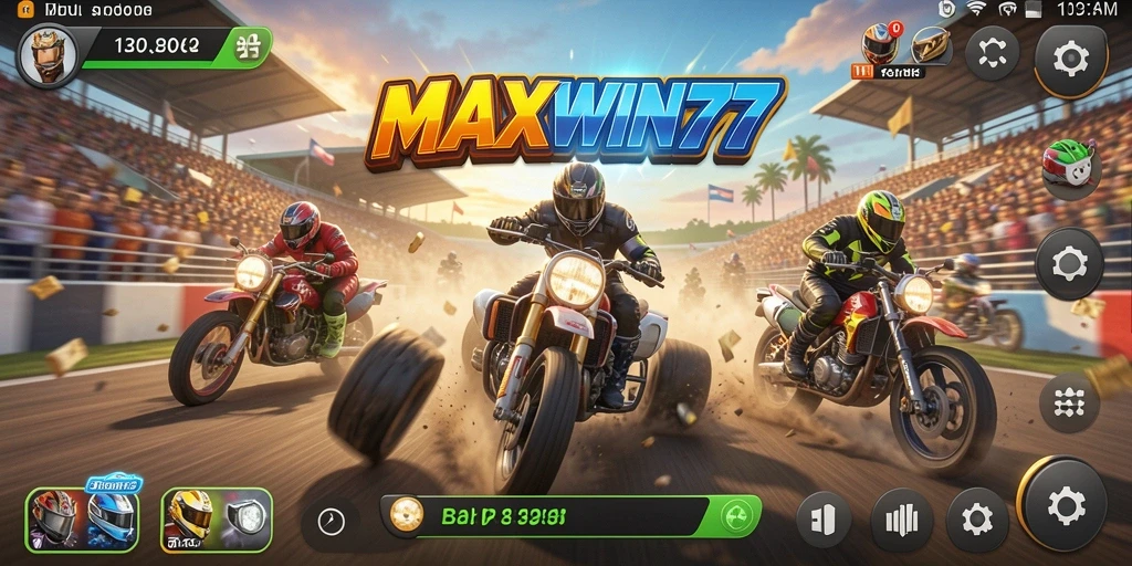 Tampilan gameplay MAXWIN77 menampilkan aksi balap yang mendebarkan.