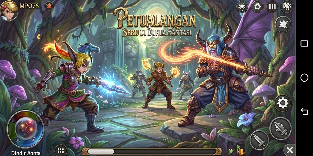 Tampilan screenshot MPO76 dengan karakter berpetualang di hutan.