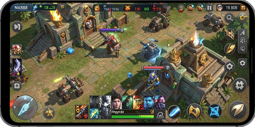 Screenshot gameplay NX888 menunjukkan pertempuran strategi yang intens dan mendebarkan.