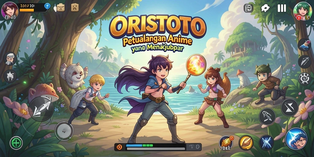 Tampilan gameplay <strong>ORISTOTO</strong> dengan karakter anime yang dinamis.