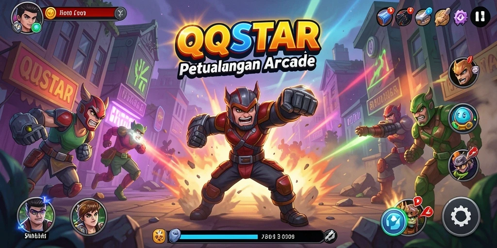Tampilan gameplay aktif dari QQSTAR yang penuh warna dan seru.