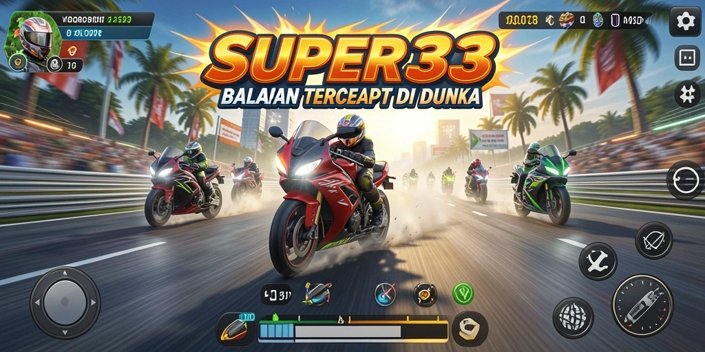 Menampilkan aksi balapan cepat dengan motor yang berbeda di latar belakang menakjubkan.