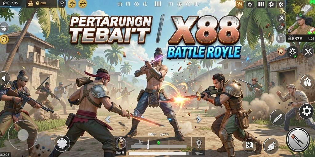 Tampilan screenshot X88 menampilkan aksi seru dalam pertarungan Battle Royale.